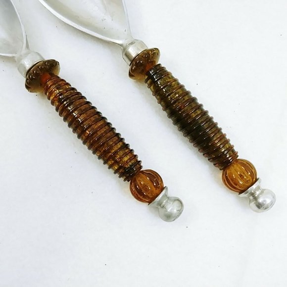 Salad Fork Spoon Amber Plastic Handle Glitter Interior Aluminum Ends Retro Vtg - Picture 3 of 9